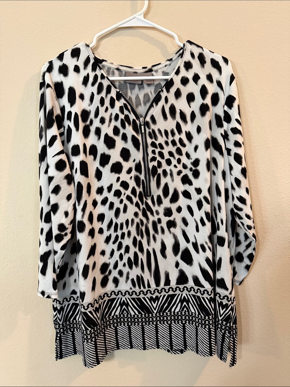 Women's Black & White Animal Print Zip Front Top